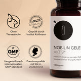 Nobilin Gelenk Aktiv® – Zertifikate und Siegel von dem Produkt, 1 Produktdose von Nobilin Gelenk Aktiv® und die Siegel wie GMP-Standard, ohne Tierversuche, Premiumqualität mit Sitz in Deutschland und Institut Kuhlmann
