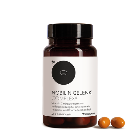 Die Frontansicht von der Nobilin Gelenk Complex® Dose mit 2 Kapseln davor