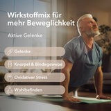 Ein Mann auf einer Yoga Matte. Text mit Produktinformationen zu Nobilin Gelenk Complex® wie Wirkstoffmix für sorglose Beweglichkeit und aktive Gelenke sowie Anwendungsgebiete: Gelenke, Knorpel & Bindegewebe, oxidativer Stress und Wohlbefinden.
