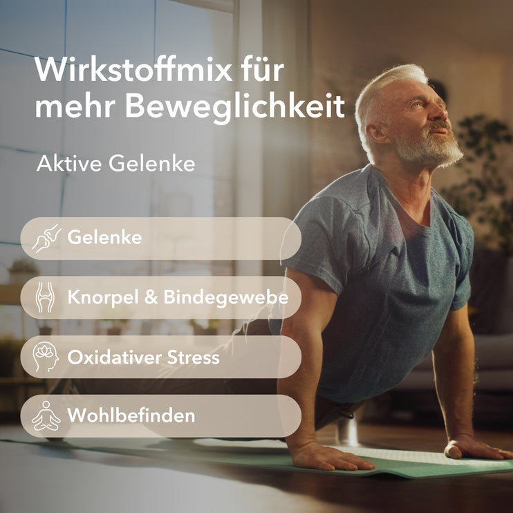Ein Surfer im Wasser mit einem Surfbrett. Text mit Produktinformationen zu Nobilin Gelenk Complex® wie Wirkstoffmix für sorglose Beweglichkeit und aktive Gelenke sowie Anwendungsgebiete: Gelenke, Knorpel & Bindegewebe, oxidativer Stress und Wohlbefinden.