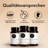 Das Qualitätsversprechen von Medicom mit drei Icons von Medicom: hergestellt nach GMP-Standard, ohne Tierversuche, Premiumqualität mit Sitz in Deutschland. Drei Produktdosen von Nobilin Gelenk Complex unten abgebildet