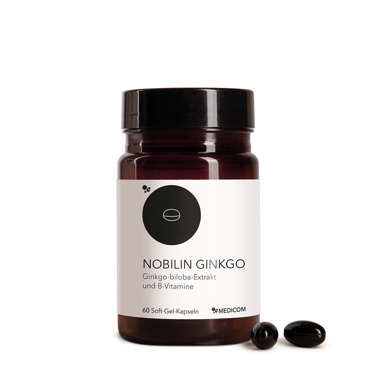 Die Produktdose von Nobilin Ginkgo von Medicom mit zwei Kapseln im Vordergrund.