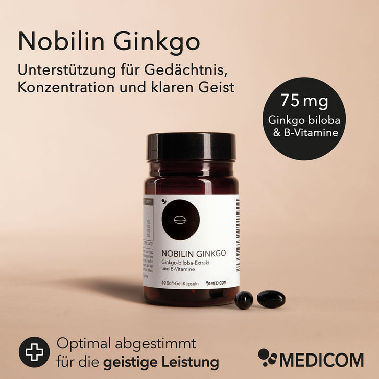 Die Produktdose von Nobilin Ginkgo mit zwei Soft-Gel-Kapseln im Vordergrund