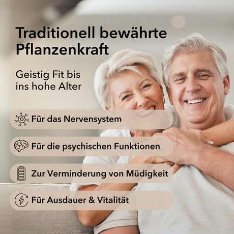 Produktinformationen zu Nobilin Ginkgo mit Anwendungsgebieten: Nervensystem, psychische Funktionen, zur Verminderung von Müdigkeit, Ausdauer und Vitalität. Ein älteres Paar auf einer Couch