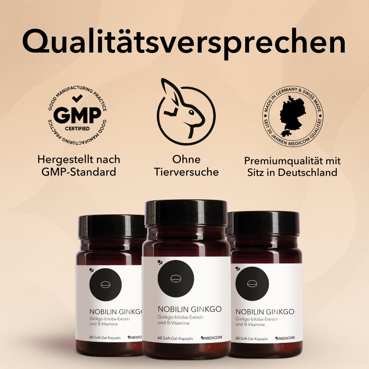 Das Qualitätsversprechen von Medicom mit drei Icons von Medicom: hergestellt nach GMP-Standard, ohne Tierversuche, Premiumqualität mit Sitz in Deutschland. Drei Produktdosen von Nobilin Ginkgo unten abgebildet.