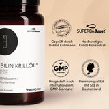 Produktinformationen, Qualitätssiegel und Zertifikate von Nobilin Krillöl® Forte von Medicom, zum Beispiel  hochwertiges Krillöl-Konzentrat, GMP-Standard zertifiziert. Gut zu wissen: Nobilin Krillöl® Forte ist von Institut Kuhlmann geprüft und zertifiziert. Im Bild die Produktdose und die Zertifikate