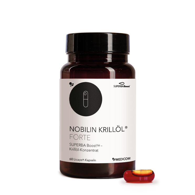 Die Dose von Nobilin Krillöl® Forte und eine Kapseln im Vordergrund