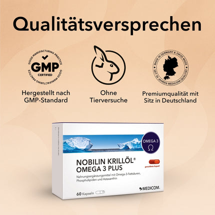 Mehrere Qualitätssiegel und Zertifikate des Produktes Nobilin Krillöl® Omega 3 Plus von Medicom