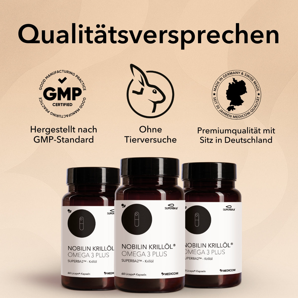 Mehrere Qualitätssiegel und Zertifikate des Produktes Nobilin Krillöl® Omega 3 Plus von Medicom