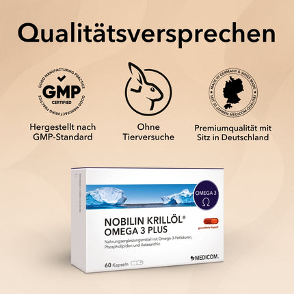 Mehrere Qualitätssiegel und Zertifikate des Produktes Nobilin Krillöl® Omega 3 Plus von Medicom