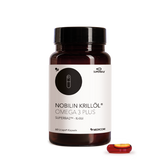 Die Packung von Nobilin Krillöl® Omega 3 Plus mit einer Kapsel im Vordergrund