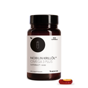 Die Packung von Nobilin Krillöl® Omega 3 Plus mit einer Kapsel im Vordergrund