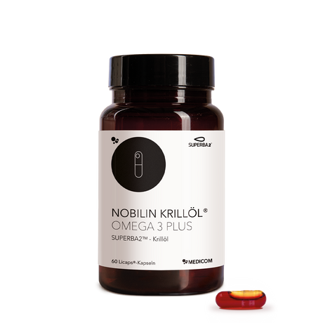 Die Packung von Nobilin Krillöl® Omega 3 Plus mit einer Kapsel im Vordergrund