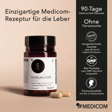 Die Produktdose von Nobilin Leber Vital® mit zwei Kapseln im Vordergrund (links mittig im Bild). Informationen mit Qualitätssiegeln und Zertifikaten wie Institut Kuhlmann (rechts im Bild).