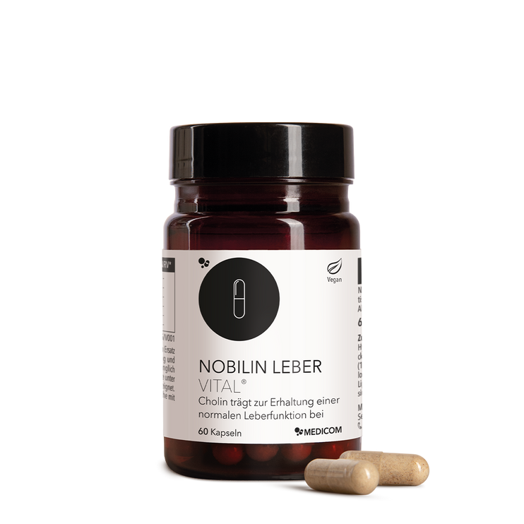 Die Produktdose von Nobilin Leber Vital® und zwei Kapseln im Vordergrund