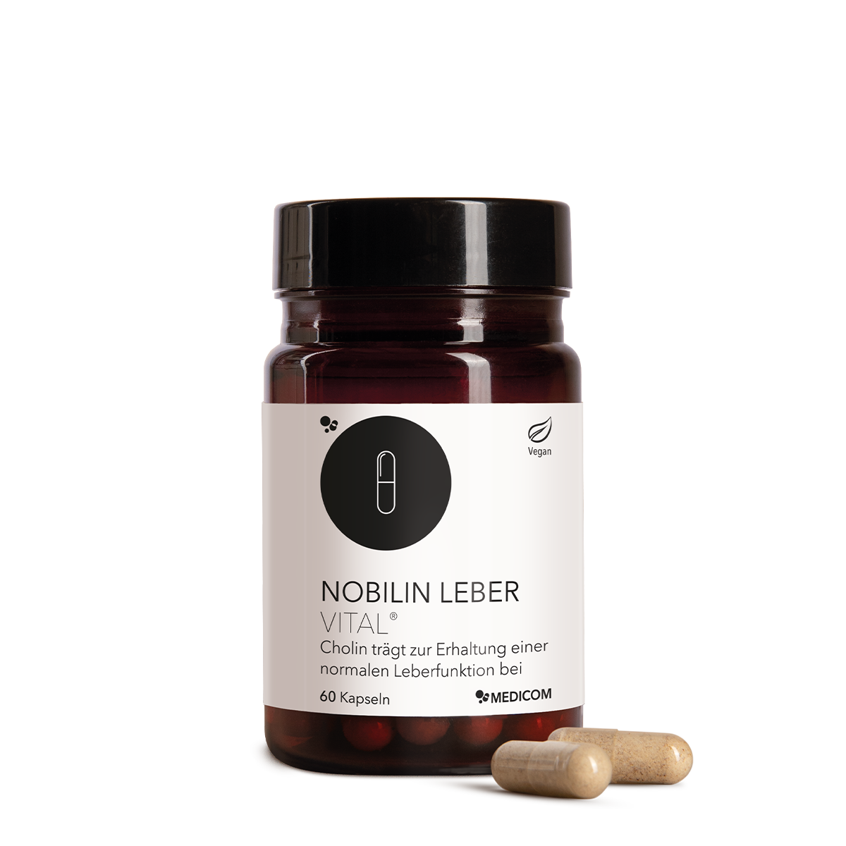 Die Produktdose von Nobilin Leber Vital® und zwei Kapseln im Vordergrund