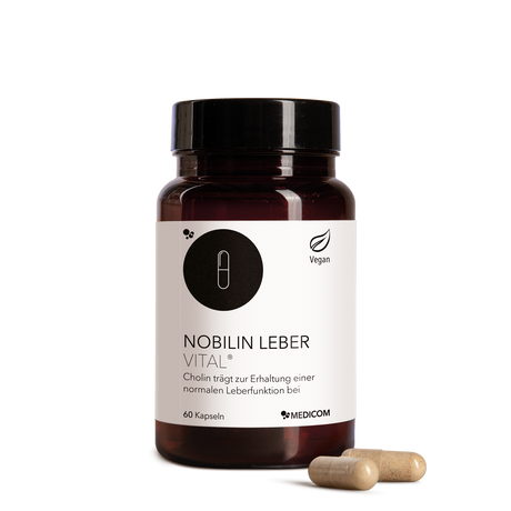 Die Produktdose von Nobilin Leber Vital® und zwei Kapseln im Vordergrund