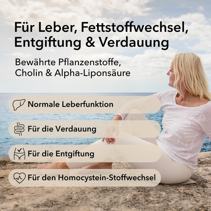 Eine Frau isst einen Salat. Auf einem Tisch sind Jungzwiebeln. Produktinformationen zu Nobilin Leber Vital® mit den pflanzlichen Inhaltsstoffen und Angabe der Anwendungsgebiete: Unterstützung der Leberfunktionen, Verdauung und Entgiftung sowie für einen normalen Homocystein-Stoffwechsel