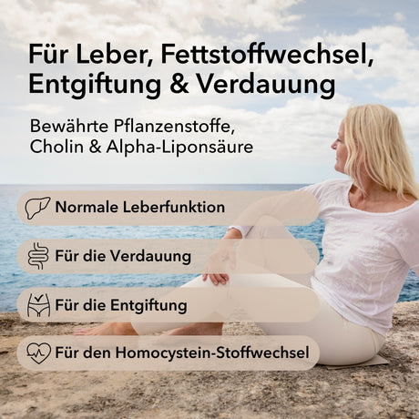 Produktinformationen zu Nobilin Leber Vital® mit den pflanzlichen Inhaltsstoffen und Angabe der Anwendungsgebiete: Unterstützung der Leberfunktionen, Verdauung und Entgiftung sowie für einen normalen Homocystein-Stoffwechsel