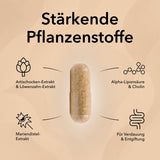 Produktinformationen zu Nobilin Leber Vital: Artischoken-Extrakt, Löwenzahn-Extrakt Alpha-Liponsäure, Cholin, Mariendistel-Extrakt. Gut für die Verdauung und Entgiftung. Die Kapsel von Nobilin Gelenk Complex in der Mitte