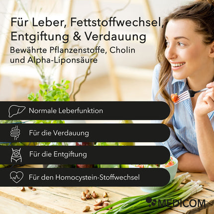 Eine Frau isst einen Salat. Auf einem Tisch sind Jungzwiebeln. Produktinformationen zu Nobilin Leber Vital® mit den pflanzlichen Inhaltsstoffen und Angabe der Anwendungsgebiete: Unterstützung der Leberfunktionen, Verdauung und Entgiftung sowie für einen normalen Homocystein-Stoffwechsel