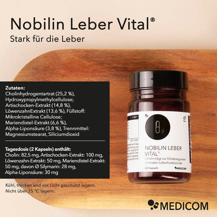 Die Produktdose von Nobilin Leber Vital® auf einem Holztablett. Produktinformationen zu Nobilin Leber Vital® mit genauer Angabe der Zutatenliste und welche Inhaltsstoffe die Tagesdosis von 2 Kapseln enthält.