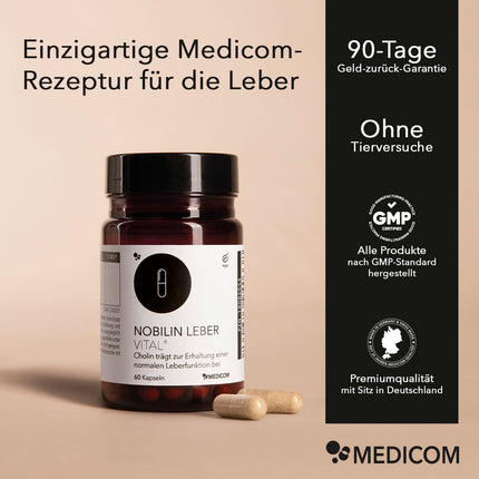 Die Produktdose von Nobilin Leber Vital® mit zwei Kapseln im Vordergrund (links mittig im Bild). Informationen mit Qualitätssiegeln und Zertifikaten (rechts im Bild).