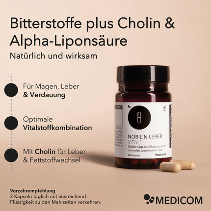 Die Produktdose von Nobilin Leber Vital® mit zwei Kapseln im Vordergrund sowie Produktinformationen zu pflanzlichen Inhaltsstoffen, Vitalstoffen, Anwendungszweck und Verzehrempfehlung