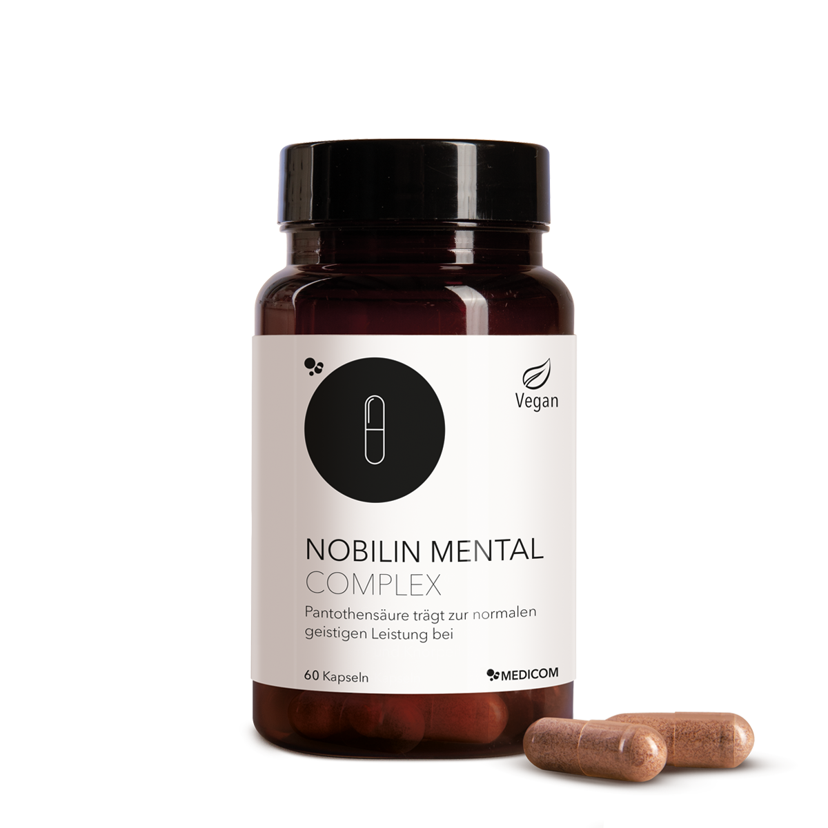 Die Produktdose von Nobilin Mental Complex mit zwei Kapseln im Vordergrund