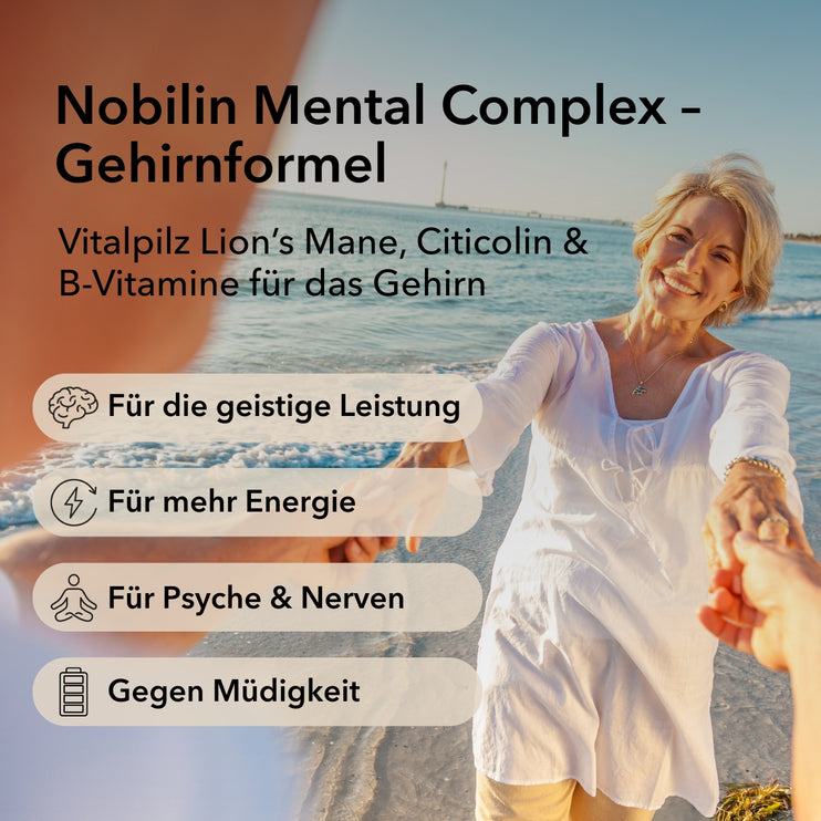 Produktinformationen zu Nobilin Mental Complex. Vitalpilz Lion's Mane, Citicolin und B-Vitamine für das Gehirn. Anwendungsgebiete: Für die geistige Leistung, für mehr Energie, für Psyche und Nerven, gegen Müdigkeit. Rechts im Bild: Eine Frau mittleren Alters tanzt am Strand.