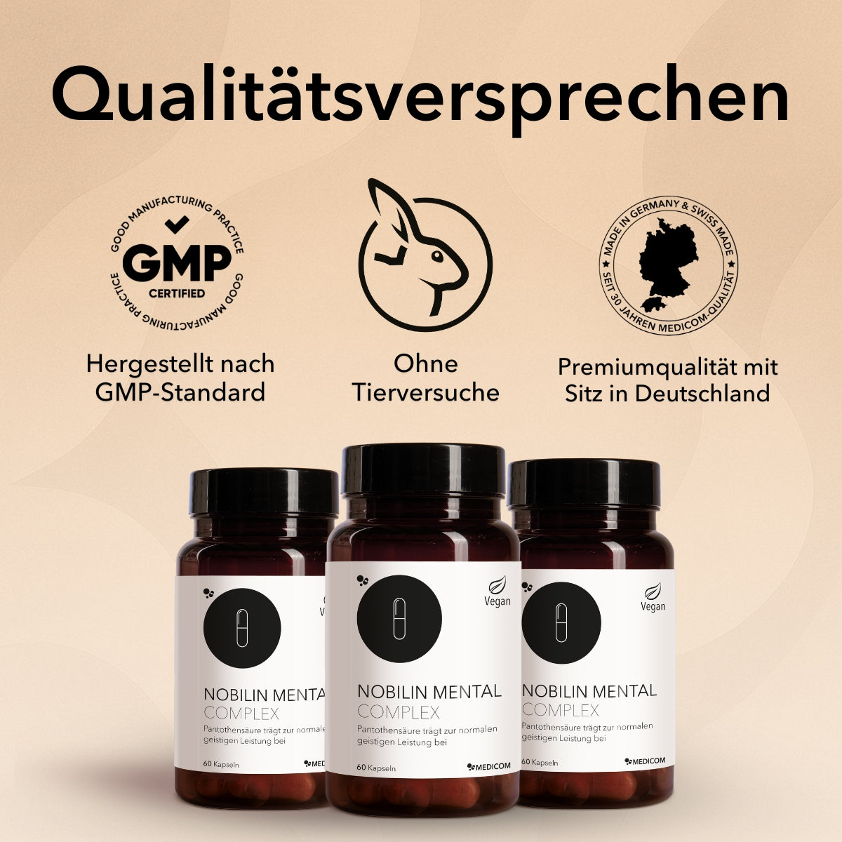 Produktinformationen zu Nobilin Mental Complex: ohne Tierversuche, GMP-Standard, Premiumqualität mit Sitz in Deutschland