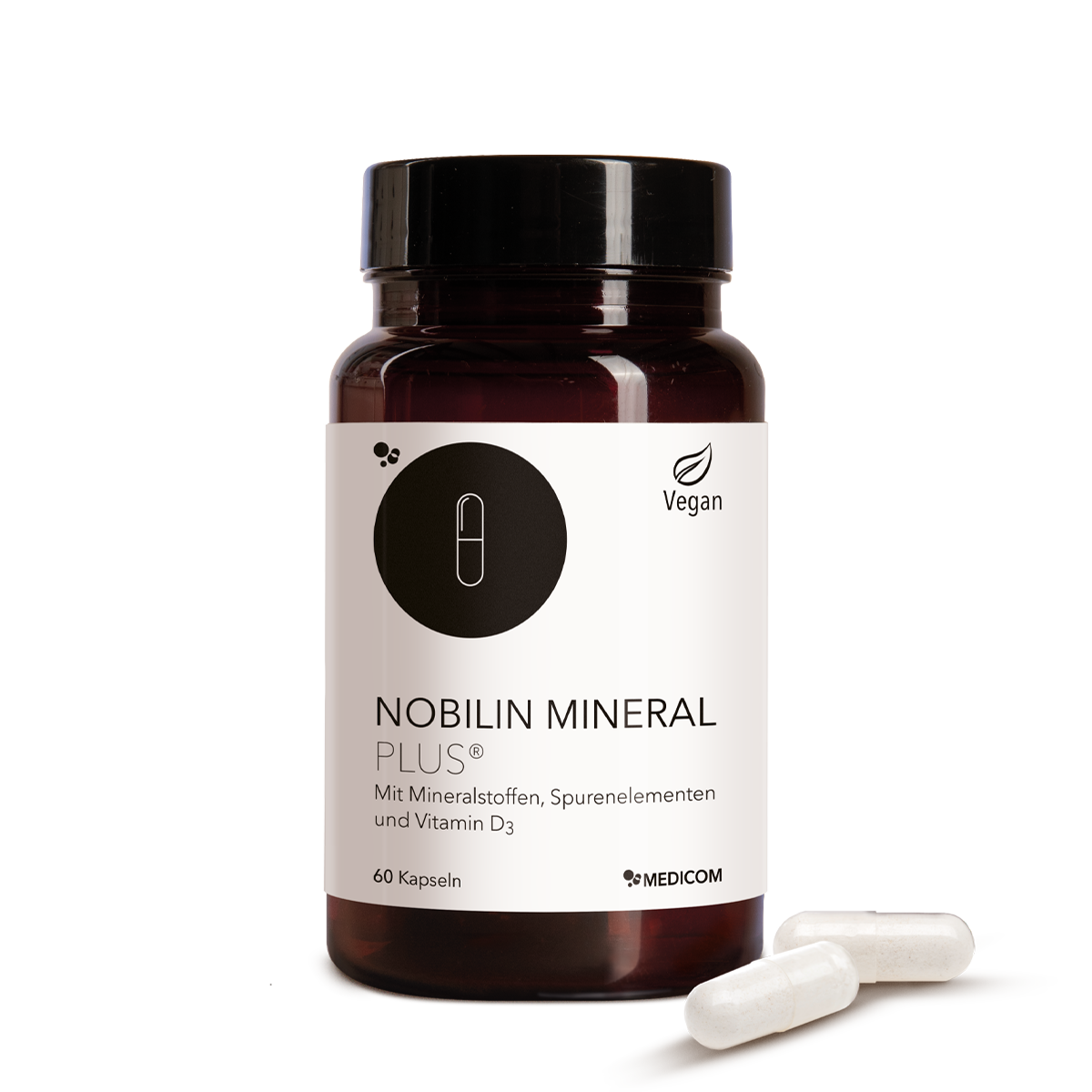 Die Produktdose von Nobilin Mineral Plus® mit zwei Kapseln im Vordergrund
