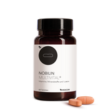 Nobilin Multvital® ­­ - die Vorderansicht der Produktdose mit zwei Tabletten im Vordergrund