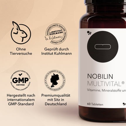 Nobilin Multivital® von Medicom. Rechts im Bild die Produktdose, links im Bild die Siegel und Zertifikate: Institut Kuhlmann und hergestellt nach GMP Standard
