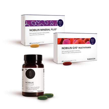 Hochwertige Produktkombination: Nobilin Premium mti drei Medicom-Produkten bestehend aus Nobilin Q10 Multivitamin® + Nobilin Mineral Plus® + Nobilin Antiox®  
