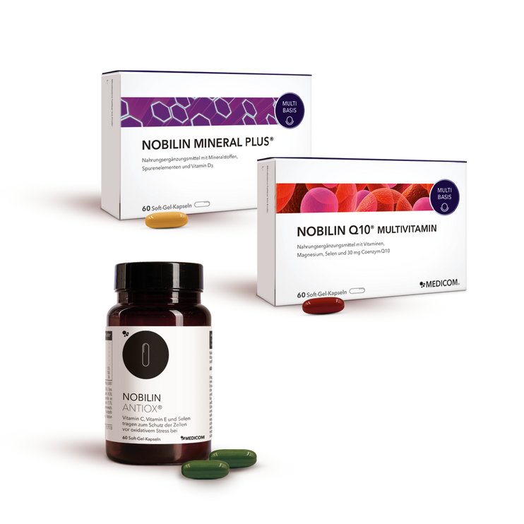 Hochwertige Produktkombination: Nobilin Premium mti drei Medicom-Produkten bestehend aus Nobilin Q10 Multivitamin® + Nobilin Mineral Plus® + Nobilin Antiox®  