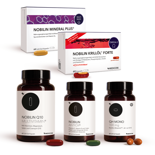 Nobilin Premium Selection Advance, Produktkombination aus fünf Produkten: Nobilin Q10 Multivitamin® in der Dose, Nobilin Mineral Plus®, Nobilin Antiox® in der Dose, Nobilin Krillöl® Forte und QH Mono 100 mg in der Dose