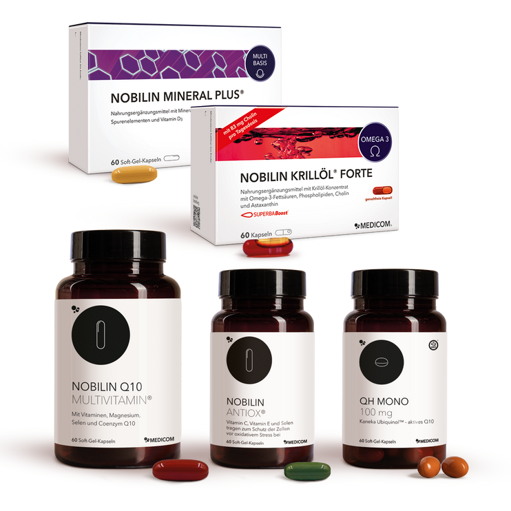 Nobilin Premium Selection Advance, Produktkombination aus fünf Produkten: Nobilin Q10 Multivitamin® in der Dose, Nobilin Mineral Plus®, Nobilin Antiox® in der Dose, Nobilin Krillöl® Forte und QH Mono 100 mg in der Dose