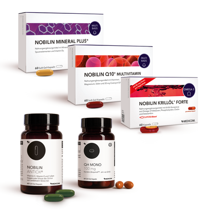 Nobilin Premium Selection Advance, Produktkombination aus fünf Produkten: Nobilin Q10 Multivitamin®, Nobilin Mineral Plus®,&nbsp;Nobilin Antiox®, Nobilin Krillöl® Forte und QH Mono 100 mg