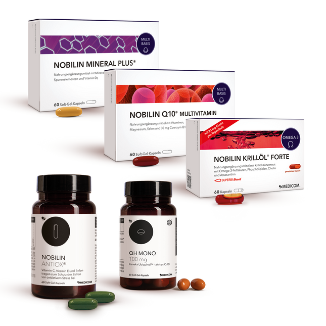 Nobilin Premium Selection Advance, Produktkombination aus fünf Produkten: Nobilin Q10 Multivitamin®, Nobilin Mineral Plus®,&nbsp;Nobilin Antiox®, Nobilin Krillöl® Forte und QH Mono 100 mg