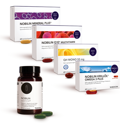 Produktzusammenstellung von Nobilin Premium Selection Gold: Nobilin Q10 Multivitamin®, Nobilin Mineral Plus®, Nobilin Antiox®, Nobilin Krillöl® Omega 3 Plus und QH Mono 50 mg