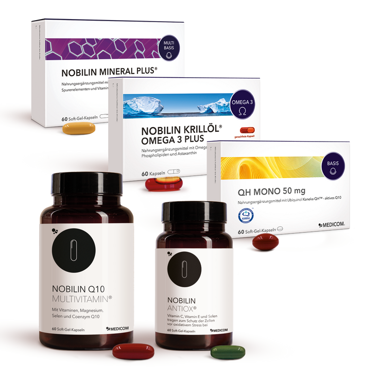 Nobilin Premium Selection Gold: Die sinnvoll dosierte Produktkombination von Medicom mit Nobilin Q10 Multivitamin®, QH Mono 50 mg, Nobilin Mineral Plus®, Nobilin Antiox® und Nobilin Krillöl® Omega 3 Plus
