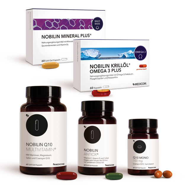 Nobilin Premium Selection Silber: Die sinnvoll dosierte Produktkombination von Medicom mit Nobilin Q10 Multivitamin®, Q10 Mono 100 mg, Nobilin Mineral Plus®, Nobilin Antiox® und Nobilin Krillöl® Omega 3 Plus
