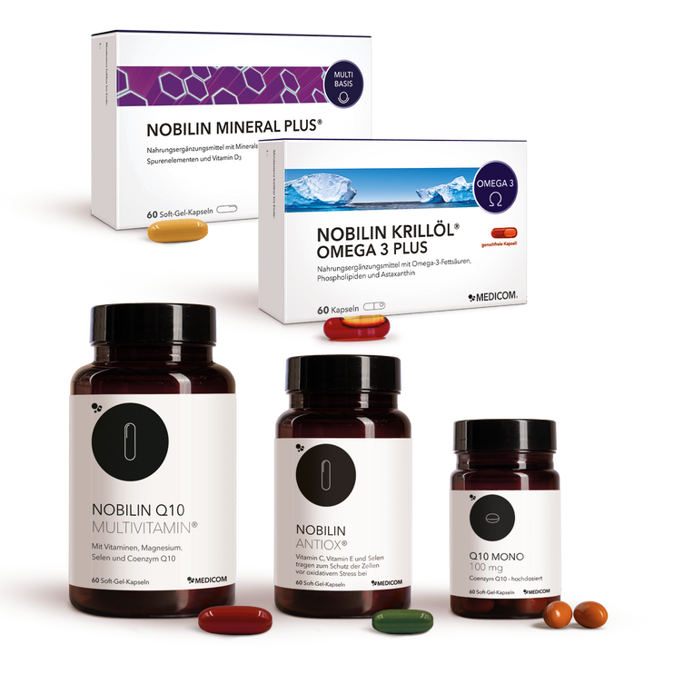 Nobilin Premium Selection Silber: Die sinnvoll dosierte Produktkombination von Medicom mit Nobilin Q10 Multivitamin®, Q10 Mono 100 mg, Nobilin Mineral Plus®, Nobilin Antiox® und Nobilin Krillöl® Omega 3 Plus
