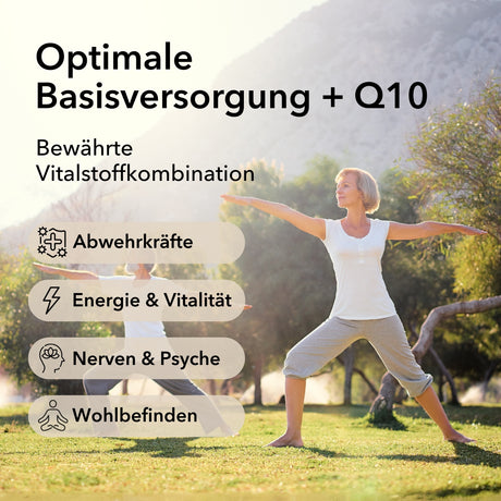 Nobilin Q10 Multivitamin® – Produktinformationen mit Anwendungsgebieten: Abwehrkräfte, Energie + Vitalität, Nerven + Psyche und Wohlbefinden.