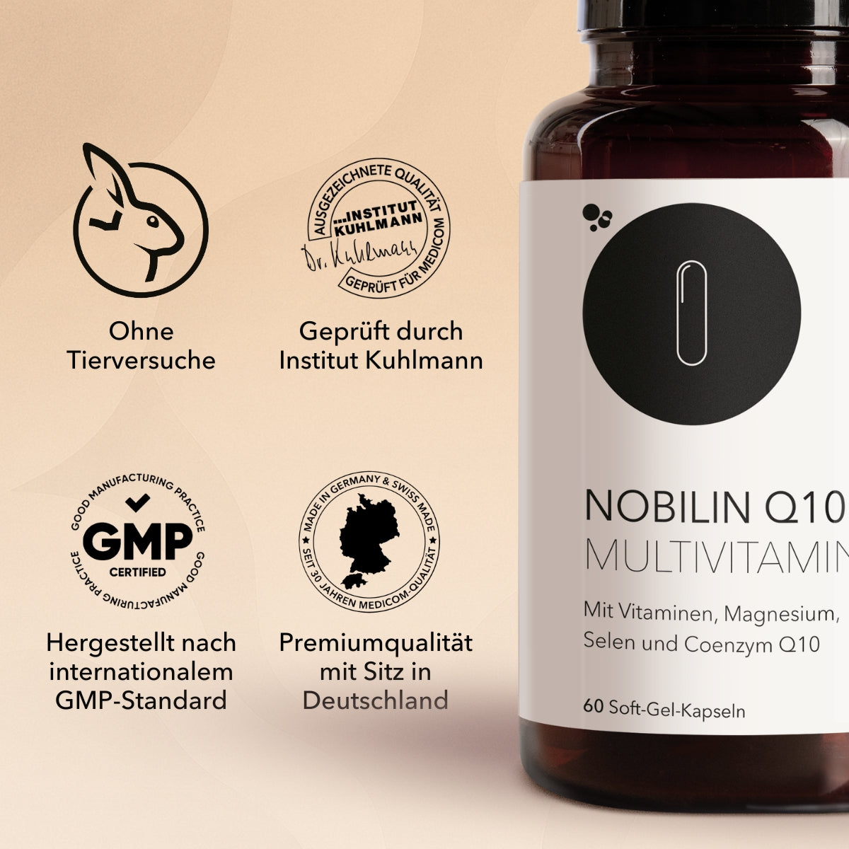 Auflistung der Siegel und Qualitätszertifikate von Nobilin Q10 Multivitamin® von Medicom. 4 Siegel links im Bild, die Produktdose links im Bild