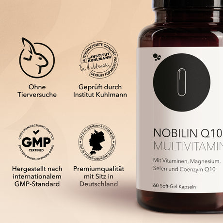 Auflistung der Siegel und Qualitätszertifikate von Nobilin Q10 Multivitamin® von Medicom. 4 Siegel links im Bild, die Produktdose links im Bild