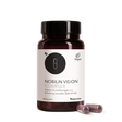 Die Produktdose von Nobilin Vision Complex mit Produktetikett und Informationen sowei zwei Kapseln im Vordergrund.