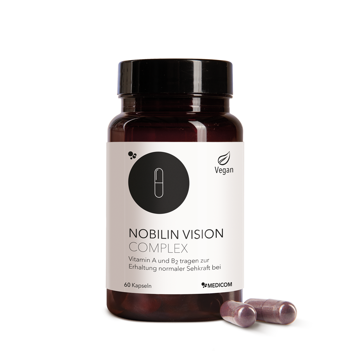 Die Produktdose von Nobilin Vision Complex mit Produktetikett und Informationen sowei zwei Kapseln im Vordergrund.