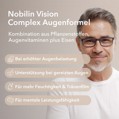 Produktinformationen zu Nobilin Vision Complex – Augenformel, Kombination aus Pflanzenstoffen, Augenvitaminen plus Eisen mit vier Anwendungsgebieten: bei erhöhter Augenbelastung, Unterstützung bei gereizten Augen, für mehr Feuchtigkeit & Tränenfilm, für mentale Leistungsfähigkeit.